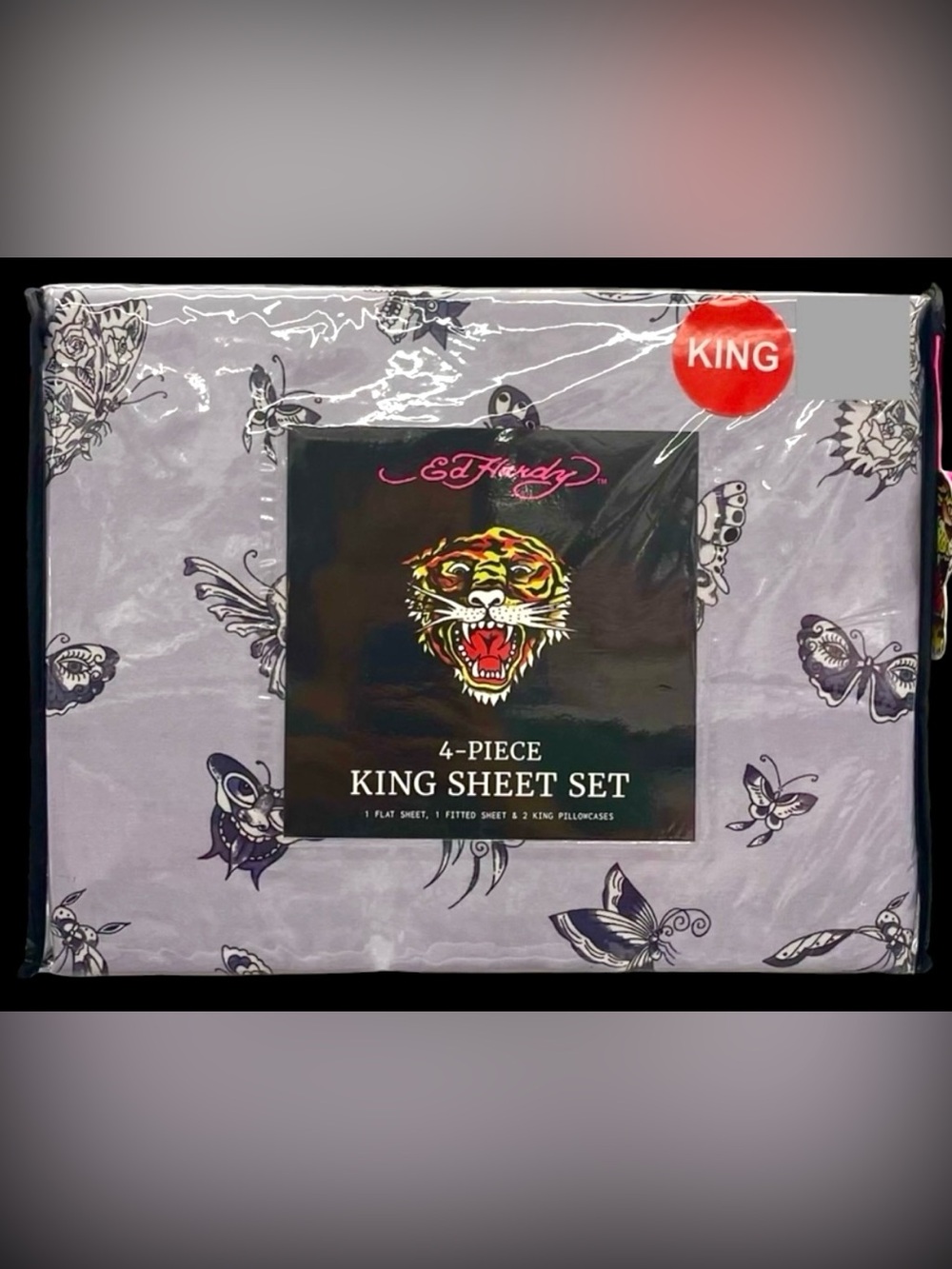 Ed Hardy Deep Pocket 4-pc King Sheet Set Butterfly Eyes Skulls Purple Black NWT